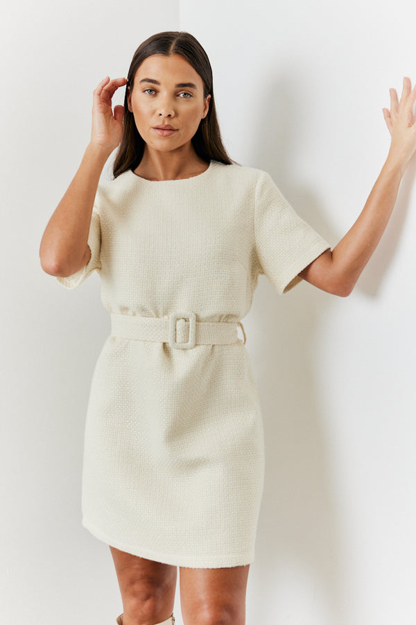 in the style In the Style Boucle Belted Mini Dress Cream