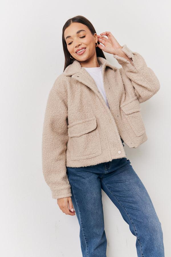 in the style In the Style Boucle Pocket Detail Jacket Oatmeal
