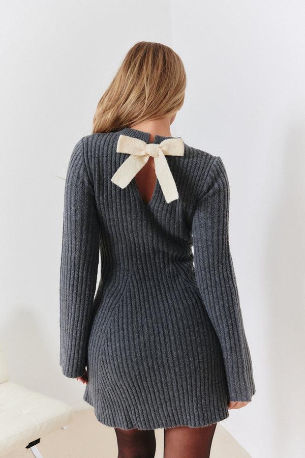 in the style In the Style Bow Back Detail Knit Skater Mini Dress Charcoal