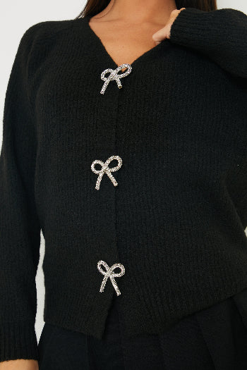 In The Style In The Style Bow Detail Button Up Knit Cardigan Black