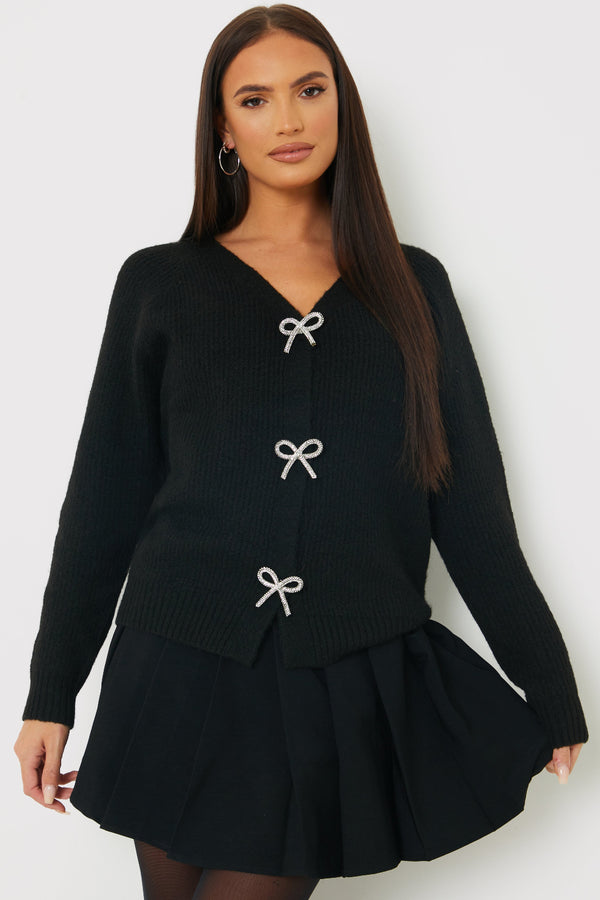 in the style In the Style Bow Detail Button Up Knit Cardigan Black