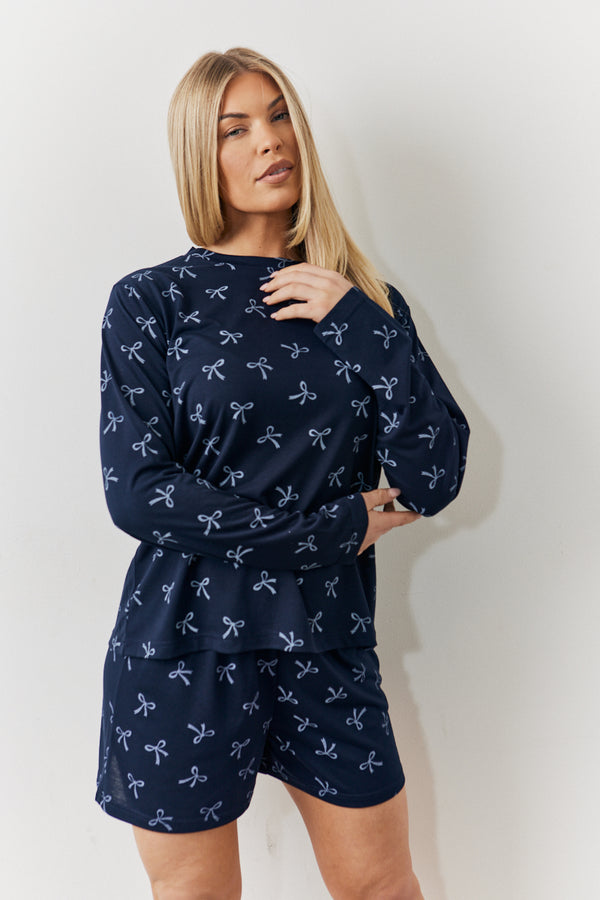 In The Style In The Style Bow Print Long Sleeve And Short PJ Set Navy