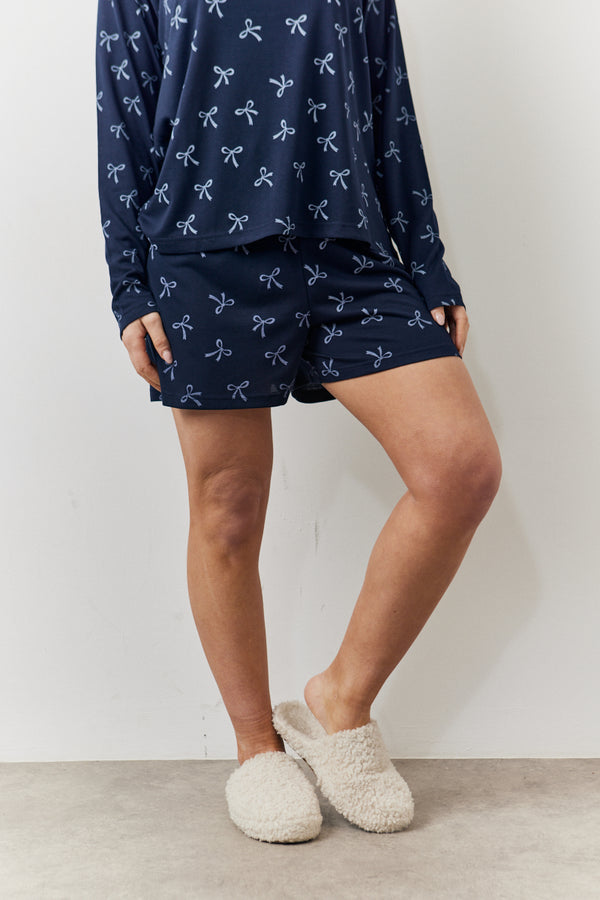 In The Style In The Style Bow Print Long Sleeve And Short PJ Set Navy