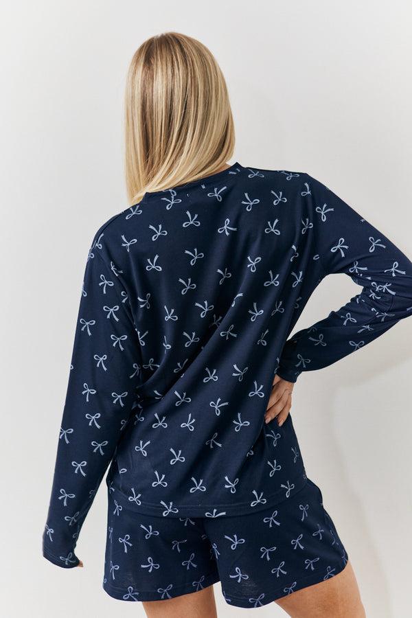 In The Style In The Style Bow Print Long Sleeve And Short PJ Set Navy
