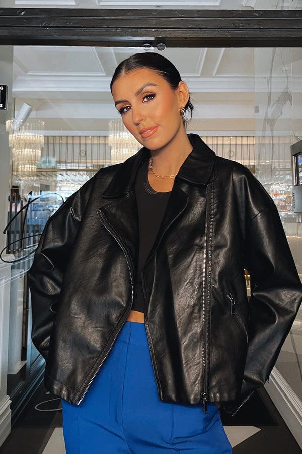 In The Style In The Style Boxy Oversized Leather Look Biker Jacket Black