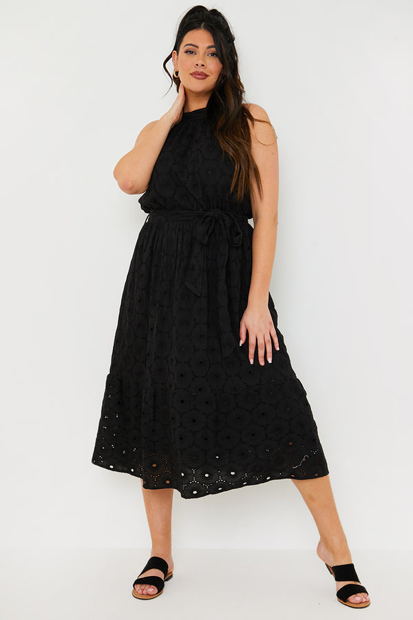 In The Style In The Style Broderie Anglaise Halterneck Midi Dress Black
