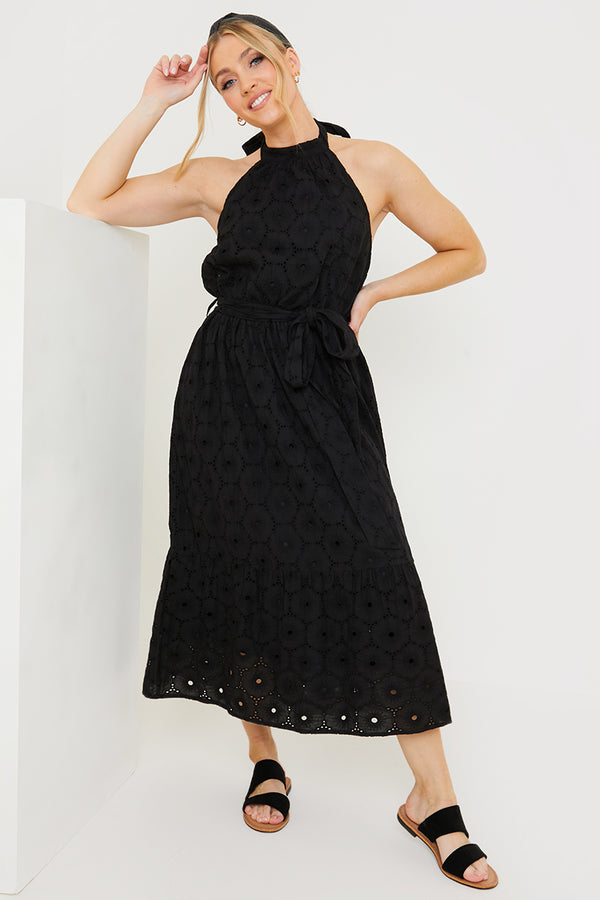 in the style In the Style Broderie Anglaise Halterneck Midi Dress Black