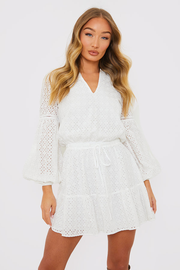in the style In the Style Broderie Balloon Sleeve Tiered Mini Dress White