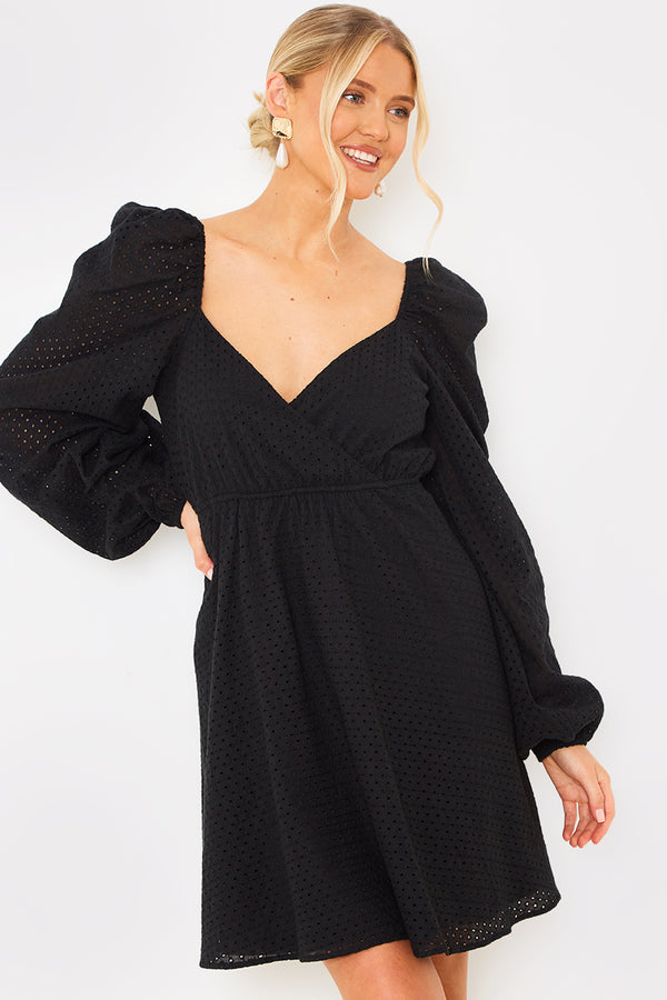 in the style In the Style Broderie Cut Out Mini Dress Black