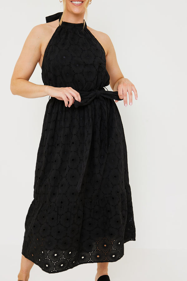 In The Style In The Style Broderie Halterneck Belted Midi Skater Dress Black