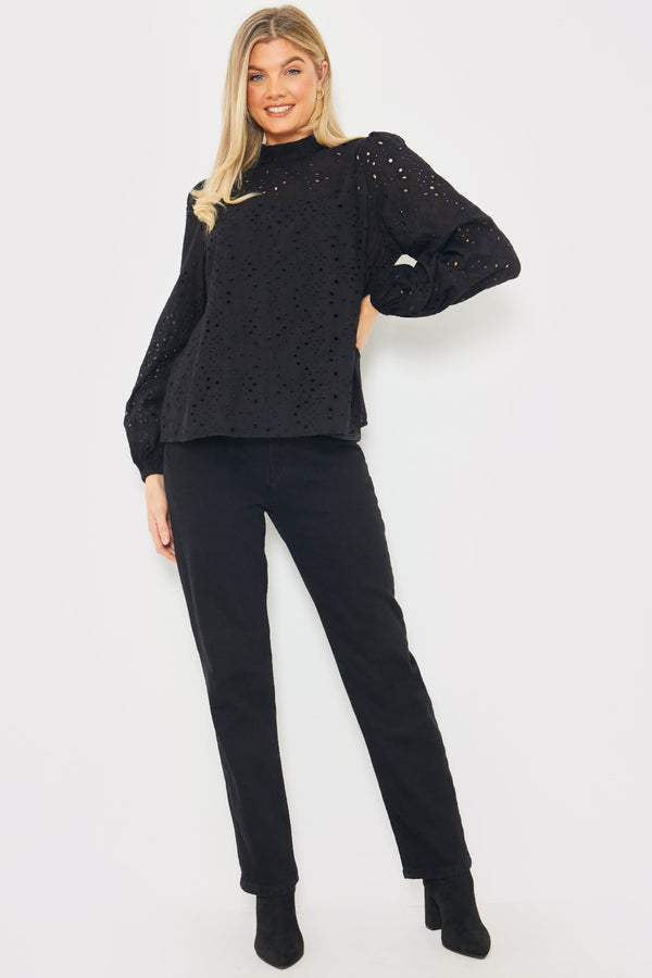 In The Style In The Style Broderie High Neck Blouse Black