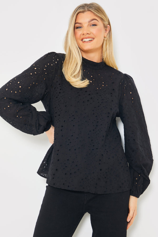 in the style In the Style Broderie High Neck Blouse Black