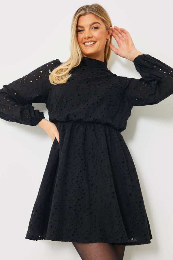 in the style In the Style Broderie High Neck Frill Hem Mini Dress Black