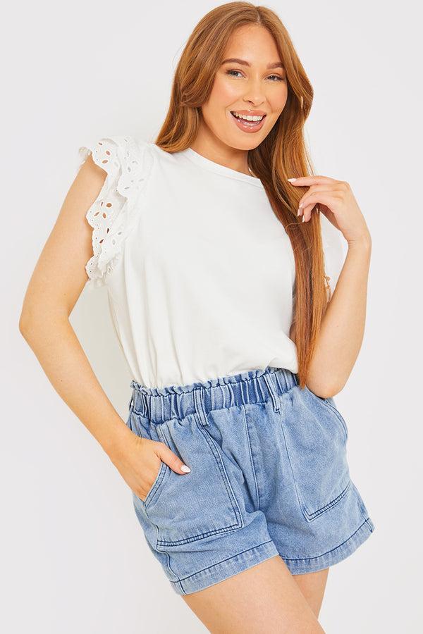 In The Style In The Style Broderie Sleeve T-Shirt White