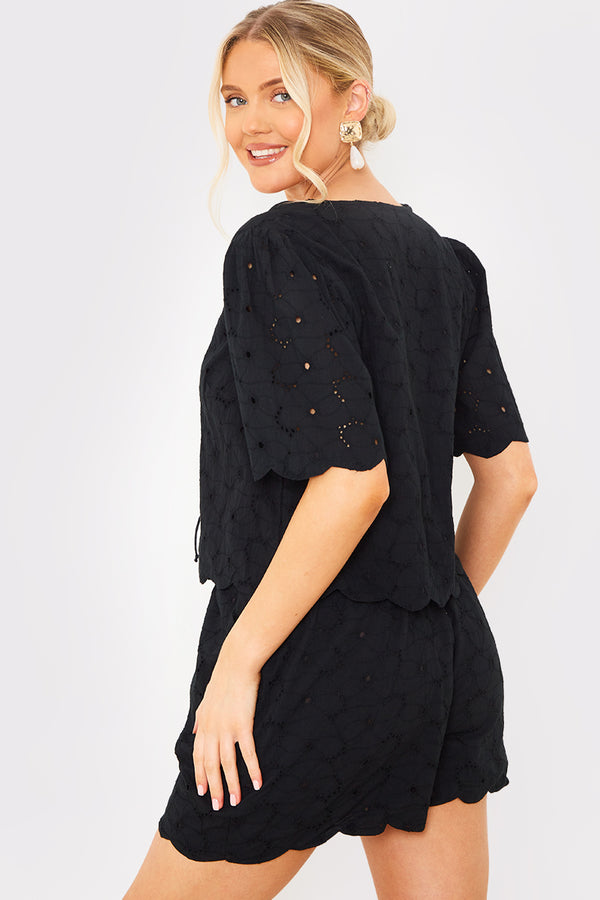 In The Style In The Style Broderie Tie Front Co-Ord Top Black