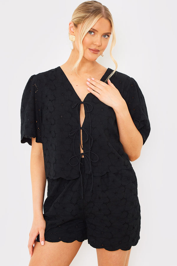 in the style In the Style Broderie Tie Front Co-Ord Top Black