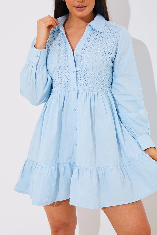 In The Style In The Style Broderie Tiered Shirt Dress Blue