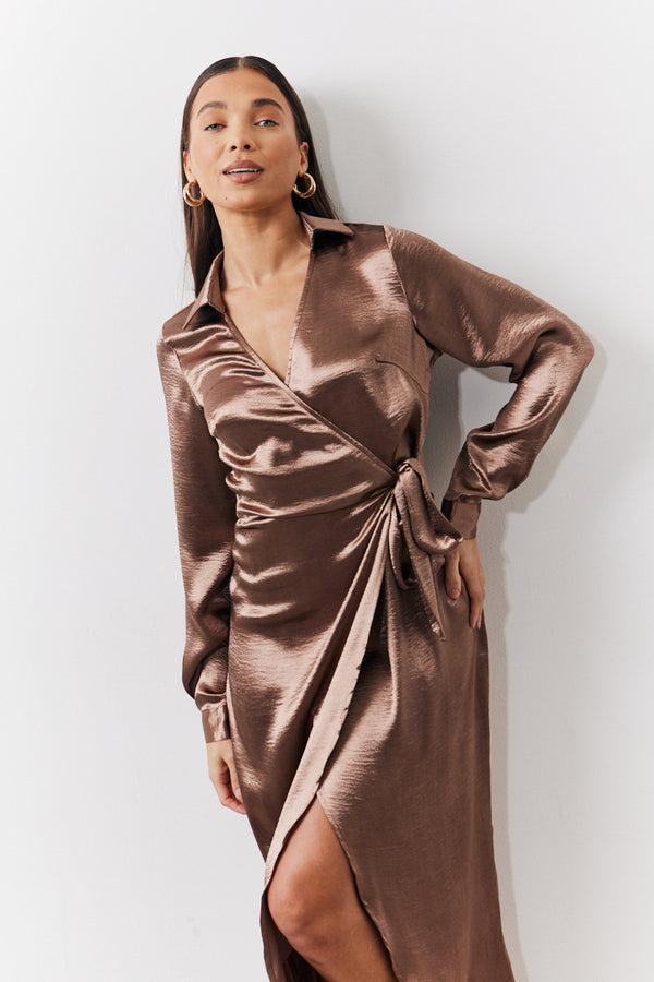 In The Style In The Style Bronze Liquid Satin Wrap Midaxi Dress Gold