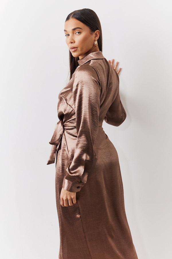 In The Style In The Style Bronze Liquid Satin Wrap Midaxi Dress Gold