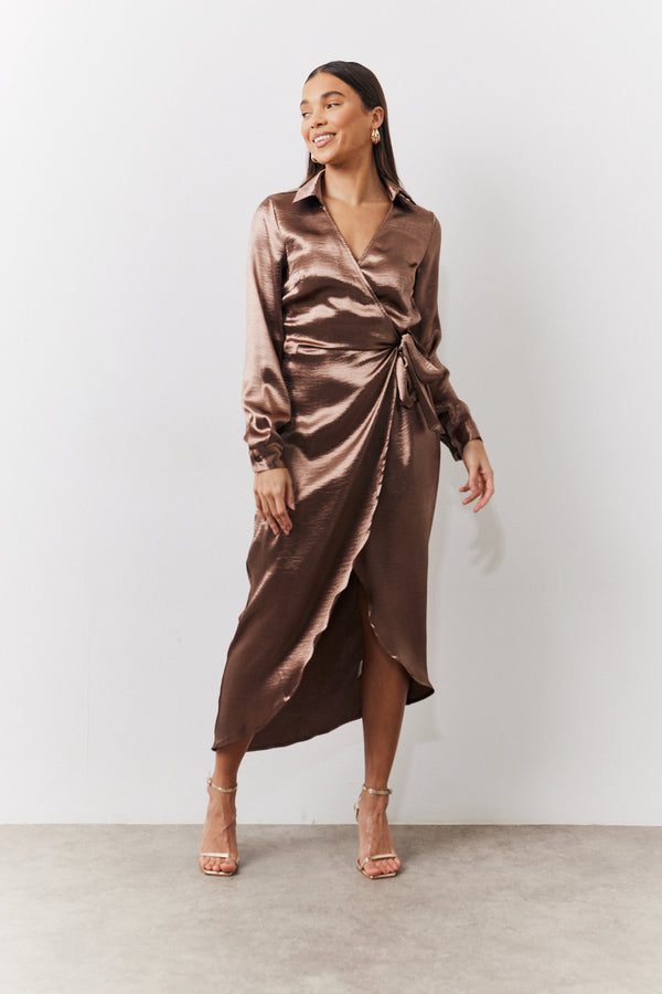 in the style In the Style Bronze Liquid Satin Wrap Midaxi Dress Gold