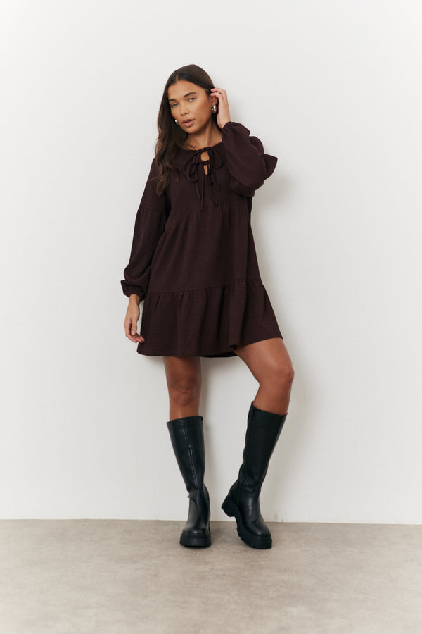 in the style In the Style Brown Textured Tie Front Detail Smock Dress Brown