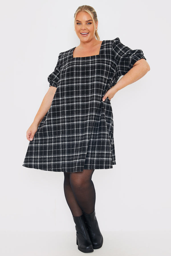 In The Style In The Style Brushed Check Balloon Sleeve Swing Dress Black