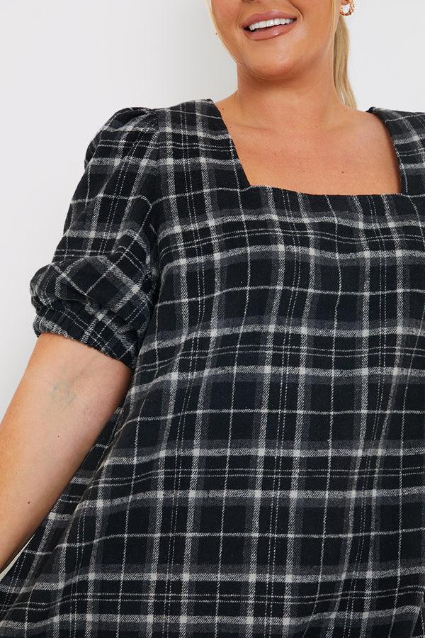 In The Style In The Style Brushed Check Balloon Sleeve Swing Dress Black