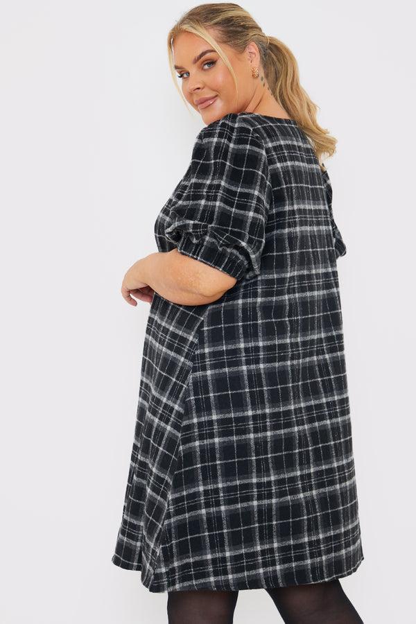 In The Style In The Style Brushed Check Balloon Sleeve Swing Dress Black