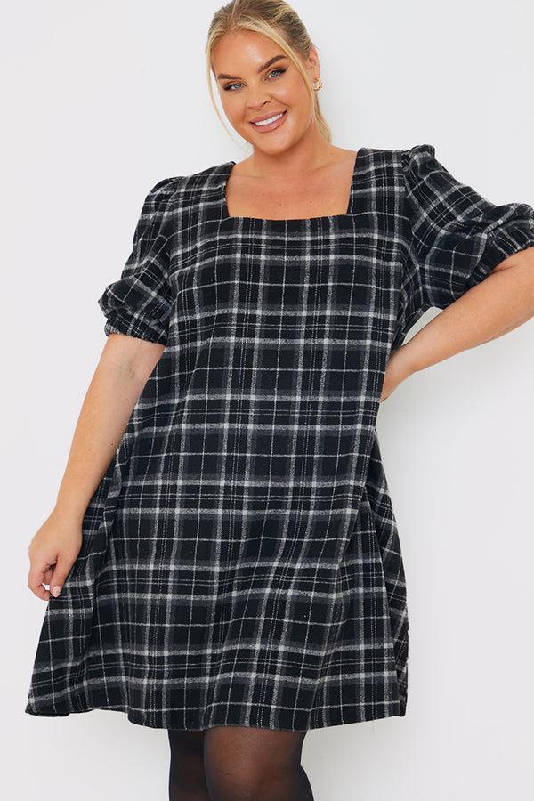 in the style In the Style Brushed Check Balloon Sleeve Swing Dress Black