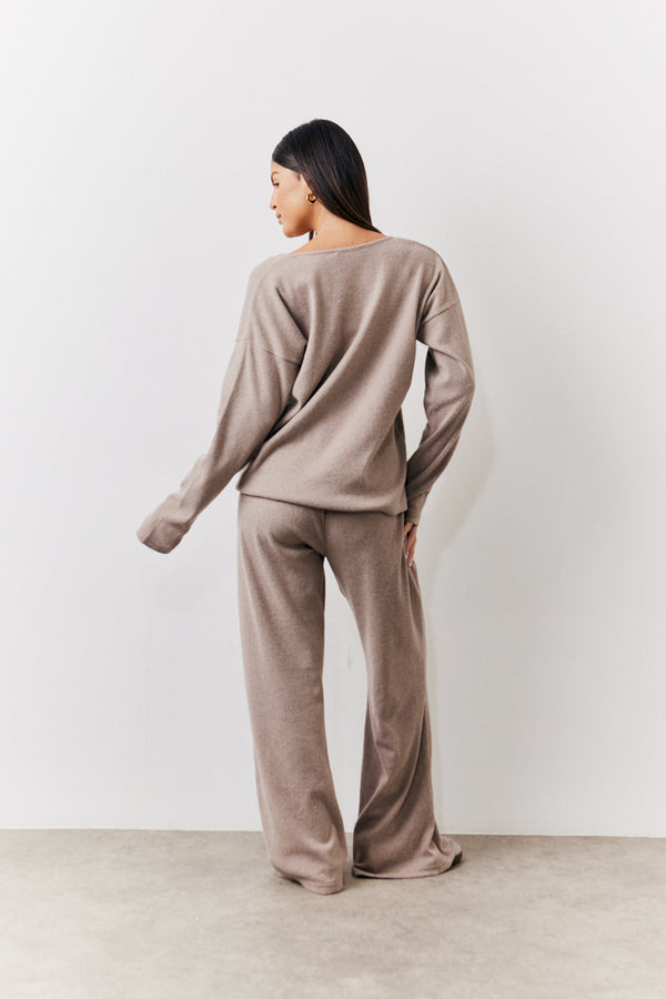 In The Style In The Style Brushed Rib Flare Leg Co Ord Trouser Mocha