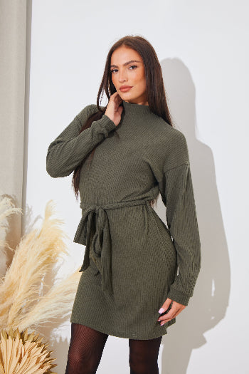 In The Style In The Style Brushed Rib Loose Belted Dress Khaki