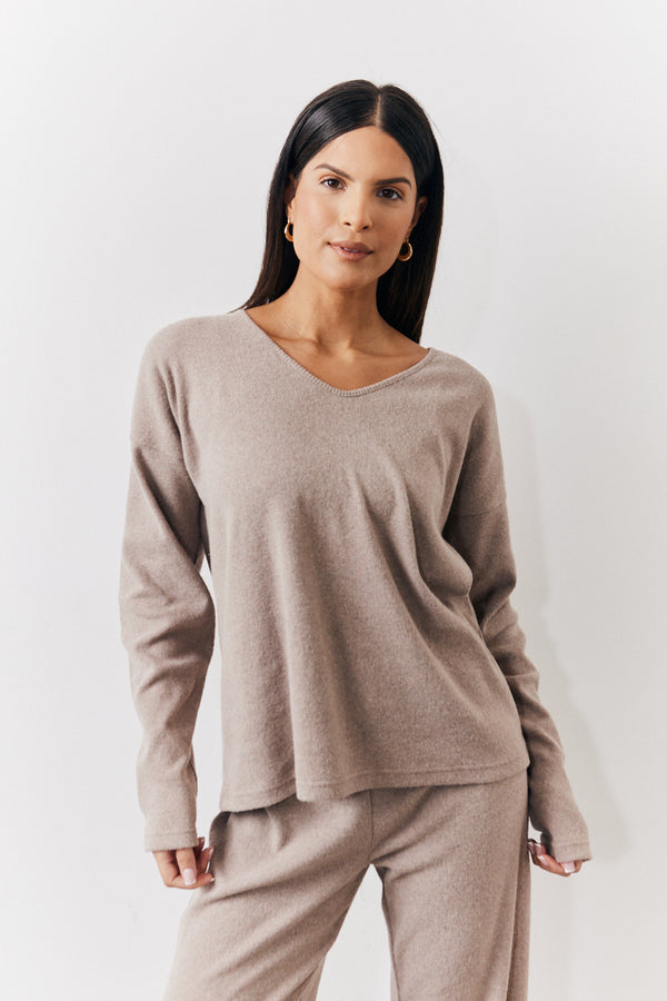 in the style In The Style Brushed Rib v Neck Co Ord Top Mocha