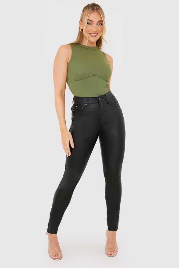 in the style In the Style Bum Shaper Coated High Waisted Skinny Jeans Black