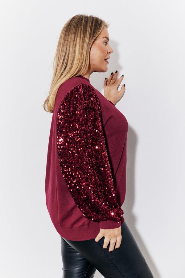 In The Style In The Style Burgundy Sequin Balloon Sleeve Knitted Jumper Burgundy