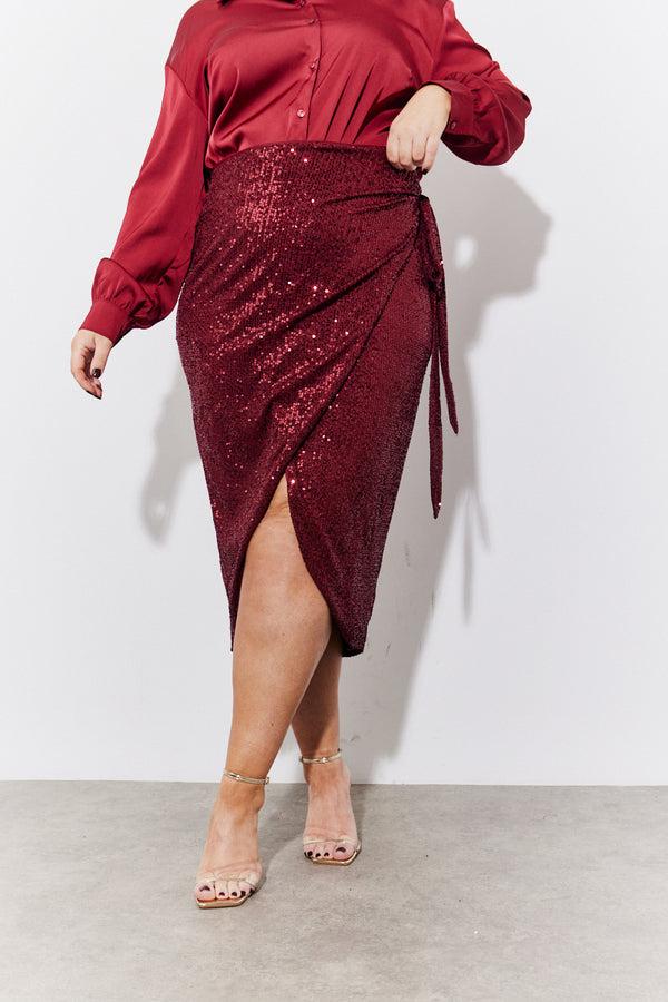 In The Style In The Style Burgundy Sequin Wrap Midi Skirt Burgundy