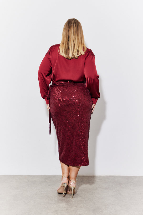In The Style In The Style Burgundy Sequin Wrap Midi Skirt Burgundy