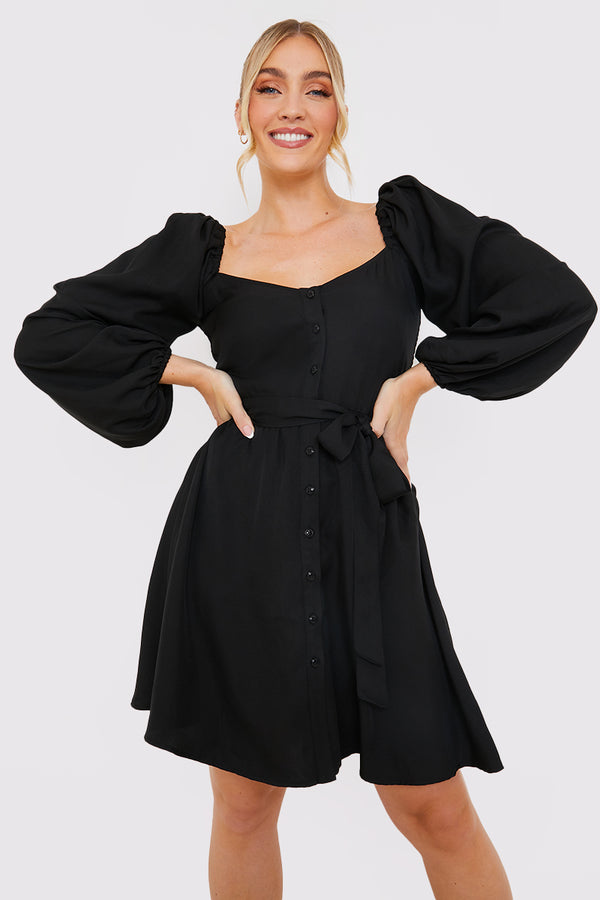 In The Style In The Style Button Down Puff Sleeve Mini Dress Black