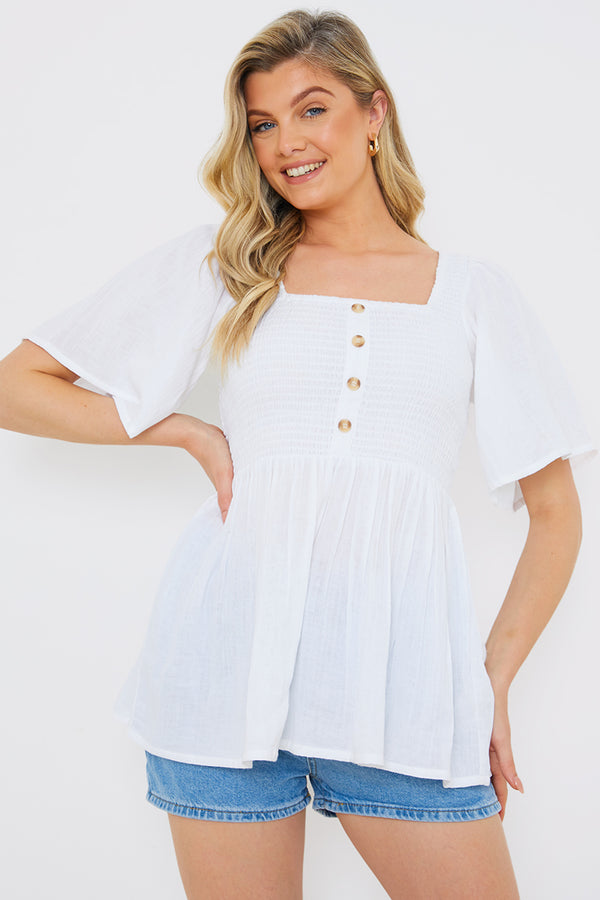 In The Style In The Style Button Front Shirred Bust Top White