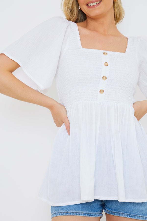 In The Style In The Style Button Front Shirred Bust Top White