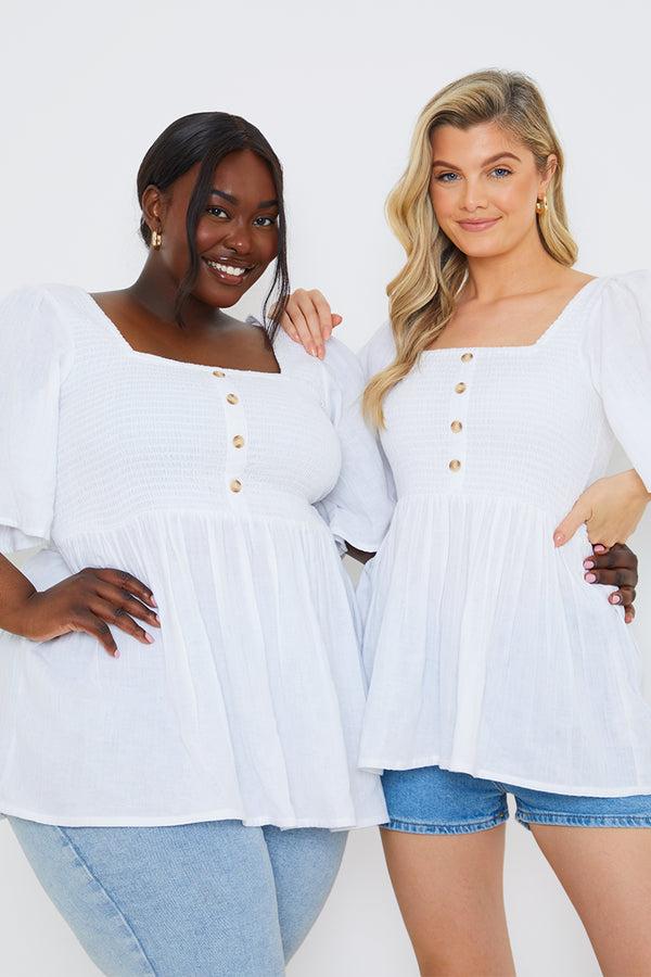 in the style In the Style Button Front Shirred Bust Top White