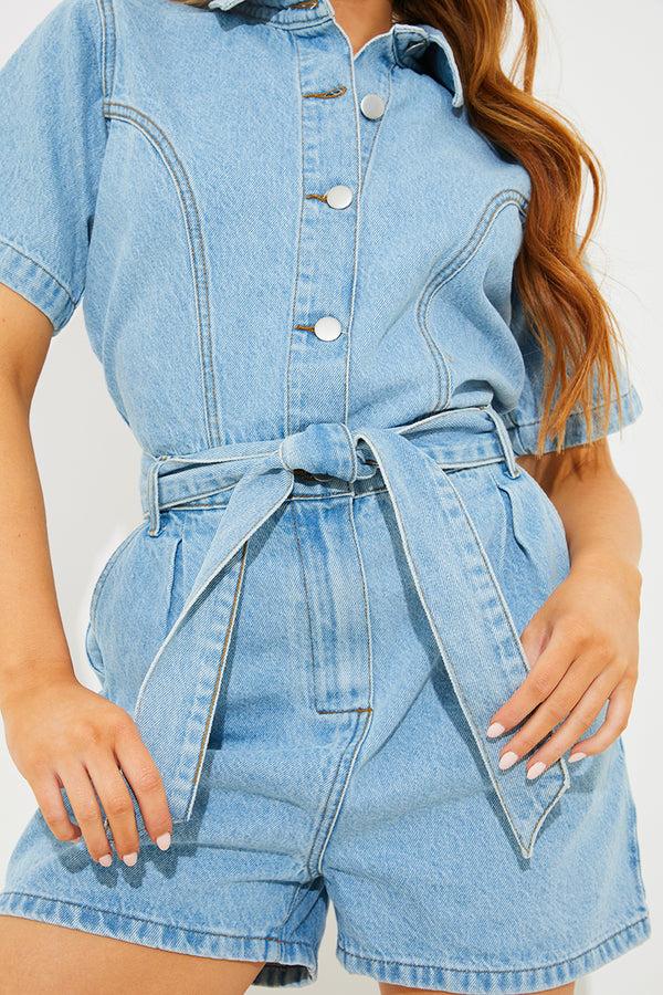In The Style In The Style Button Through Denim Playsuit Blue