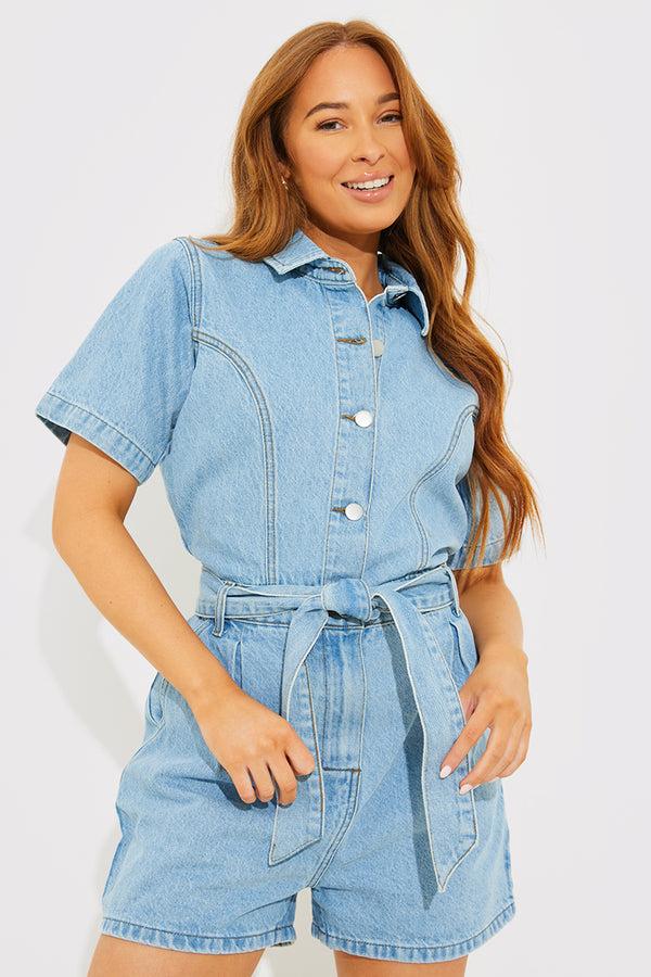 in the style In the Style Button Through Denim Playsuit Blue