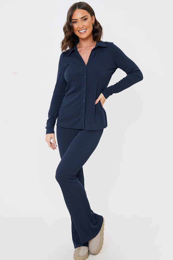 In The Style In The Style Button Through Ribbed Co Ord Shirt Navy