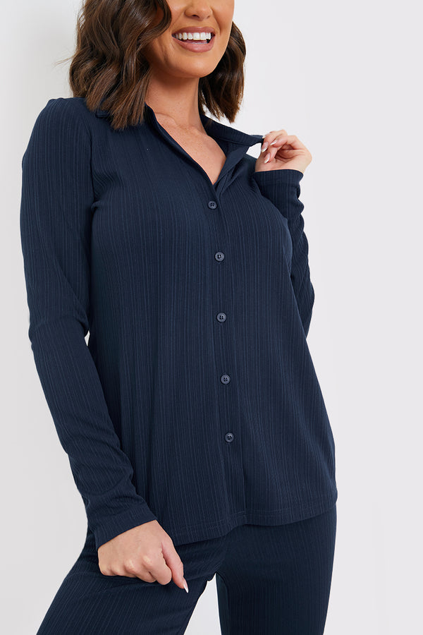 In The Style In The Style Button Through Ribbed Co Ord Shirt Navy