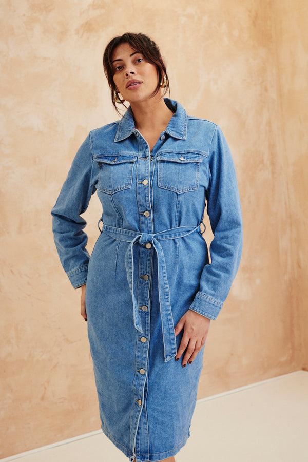 in the style In The Style Button Through Tie Waist Denim Dress Blue