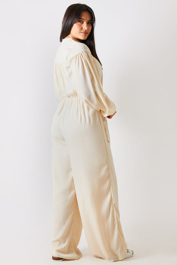 In The Style In The Style Button Up Wide Leg Jumpsuit Stone