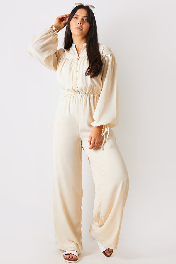 in the style In the Style Button Up Wide Leg Jumpsuit Stone