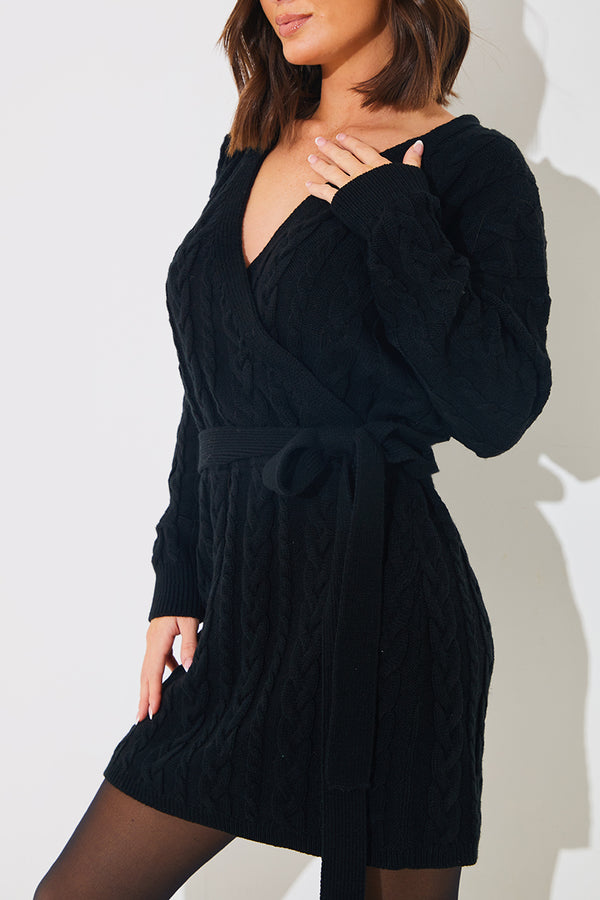 In The Style In The Style Cable Knit Belted Wrap Dress Black