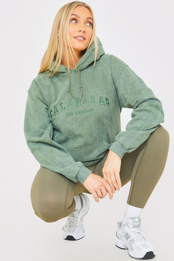 In The Style In The Style Calabasas' Acid Wash Slogan Hoodie Khaki