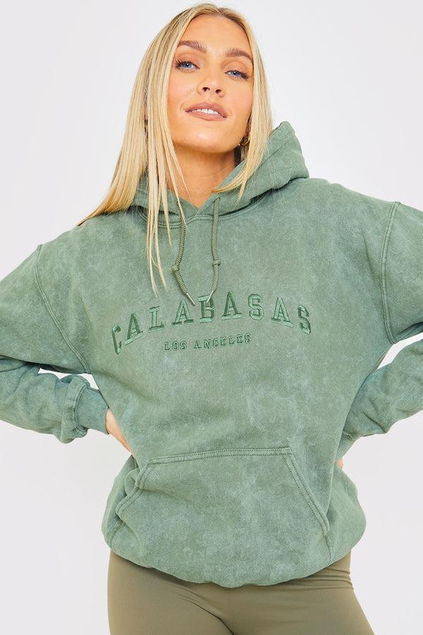 in the style In the Style Calabasas' Acid Wash Slogan Hoodie Khaki